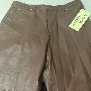 Brown leather pants. Tag says size 18, but fits a size 10 person.
